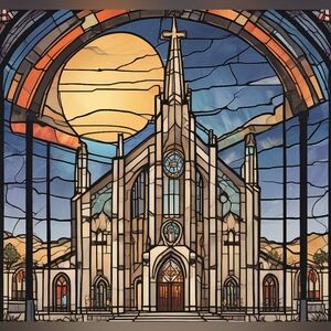 Vibrant Stained Glass Church Art Print - Blue and Brown